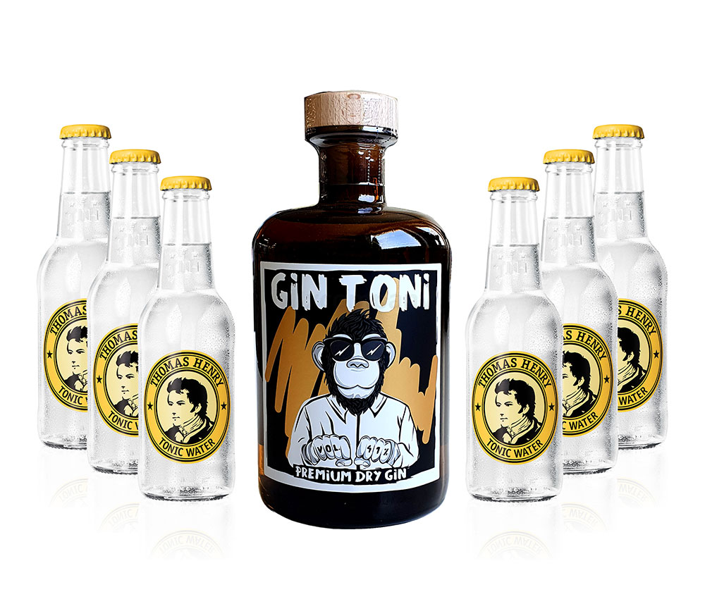 Gin Tonic Set - Gin Toni Premium Dry Gin 0,5l (41% Vol) + 6x Thomas Henry Tonic Water 200ml inkl. Pfand MEHRWEG -[Enthält Sulfite]