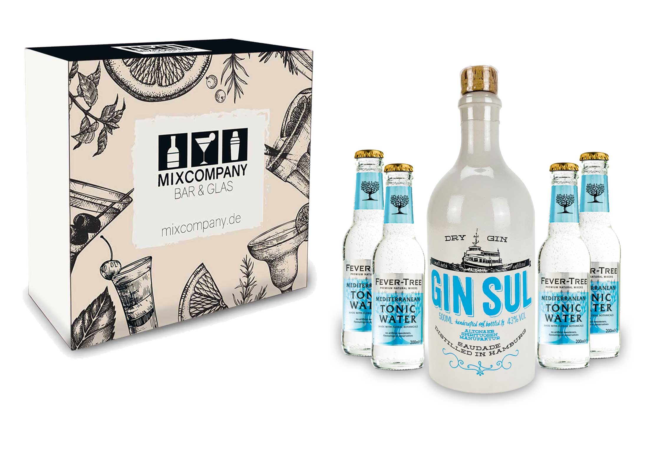 Gin Sul + Tonic Geschenkset - Gin Sul Hamburg Dry Gin 0,5l ( 43% Vol ) + 4x Fever-Tree Mediterranean Tonic Water 200ml inkl. Pfand MEHRWEG- [Enthält Sulfite]