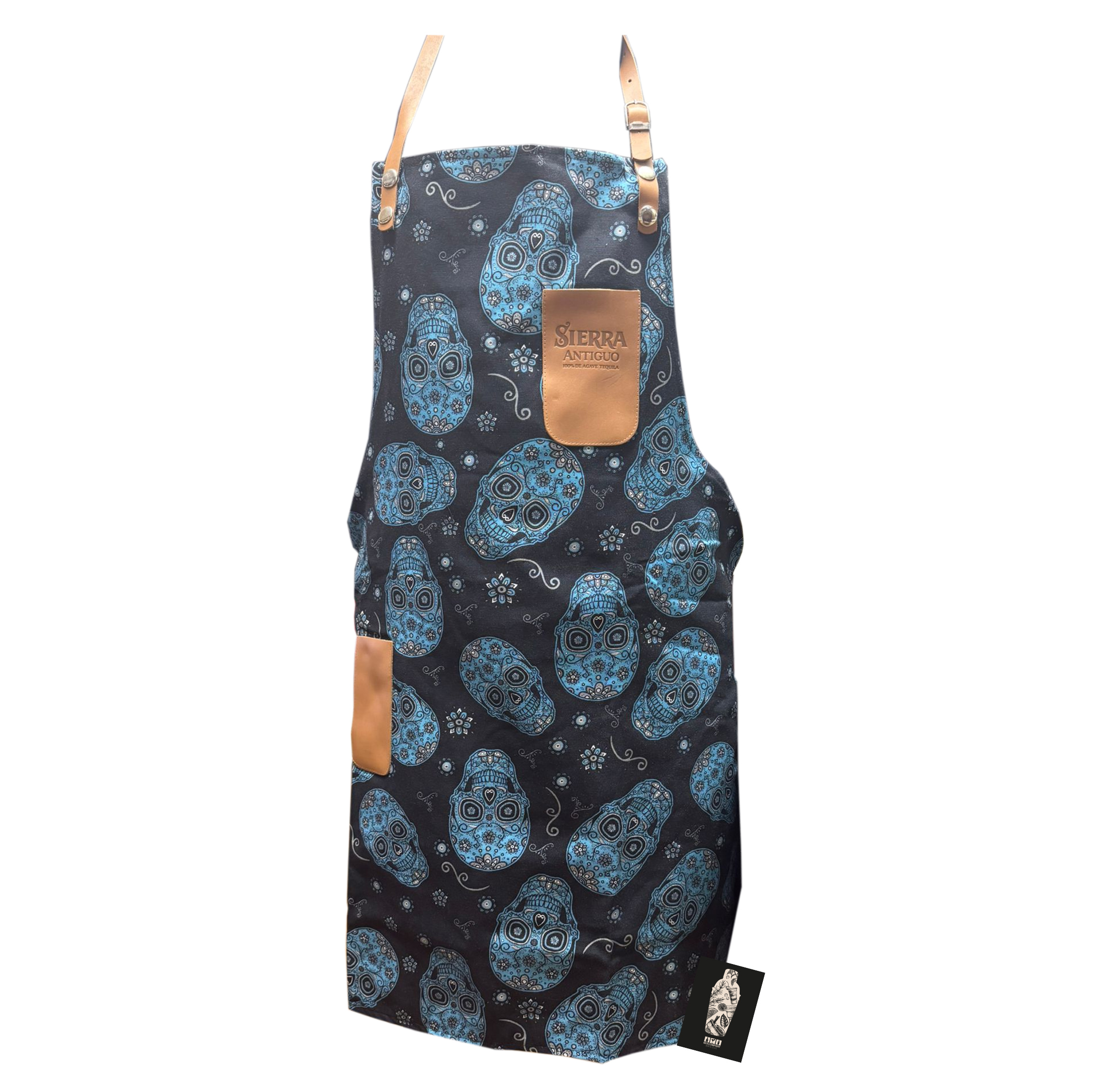 Sierra Tequila Schürze Unisex ideal für Küche, Grill oder Bar - Blau Totenköpfen mit braunen Lederapplikationen mit intigriertem Handtuch Verrstellbar - Material 100% Baumwolle - Maße: 70 x 80cm 