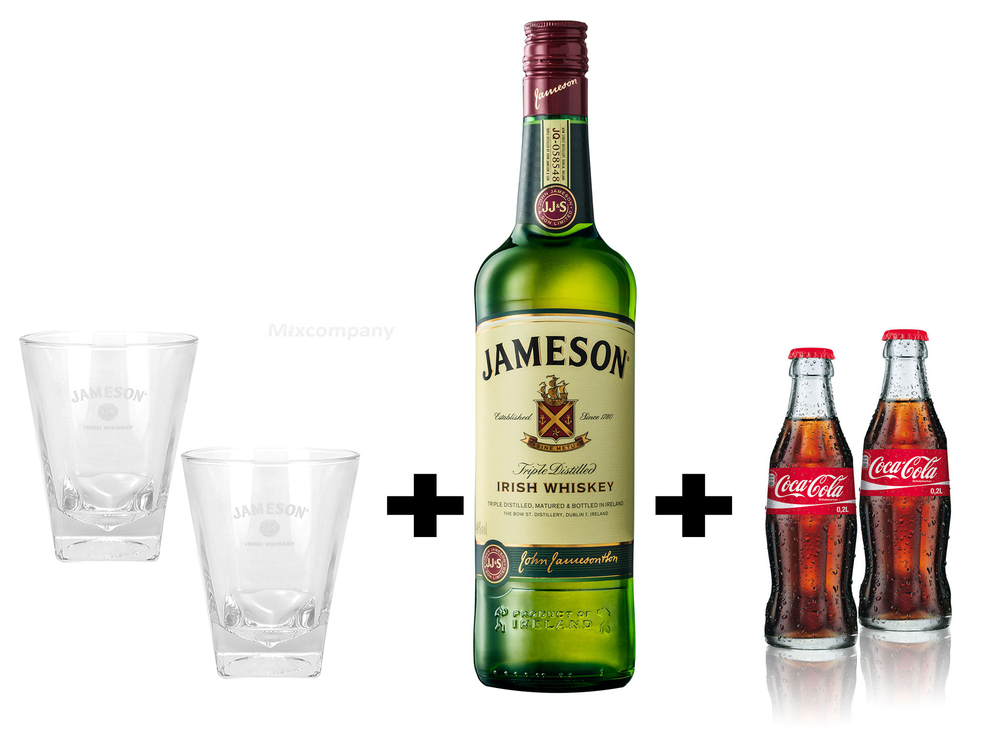 Jameson Irish Whiskey 1,0l (40% Vol) + 2x Gläser + 2 x Coca Cola 0,2l MEHRWEG inkl. Pfand Whisky- [Enthält Sulfite]