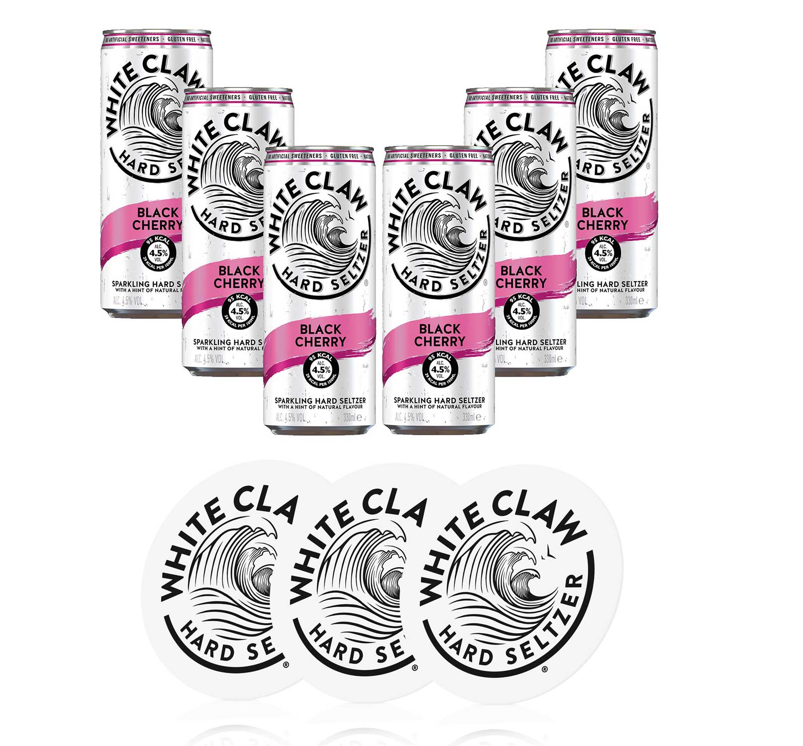 White Claw Black Cherry 6er Set je 330ml (4,5% Vol) + 3 Untersetzer ready to drink / Longdrink sparkling hard seltzer - [Enthält Sulfite]