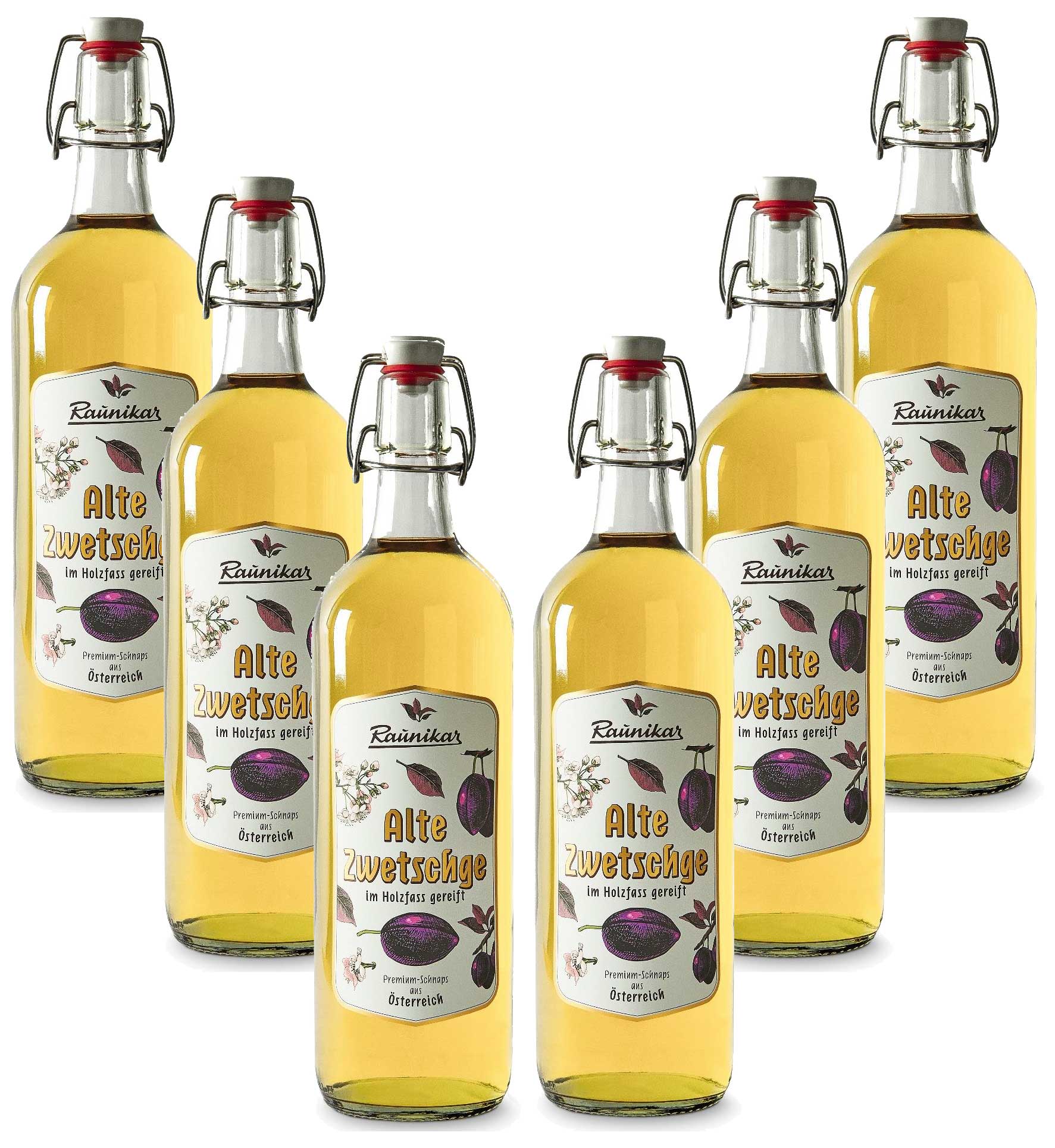 Raunikar - 6er Set Alte Zwetschge Schnaps 6x 1L (38% Vol)- [Enthält Sulfite]