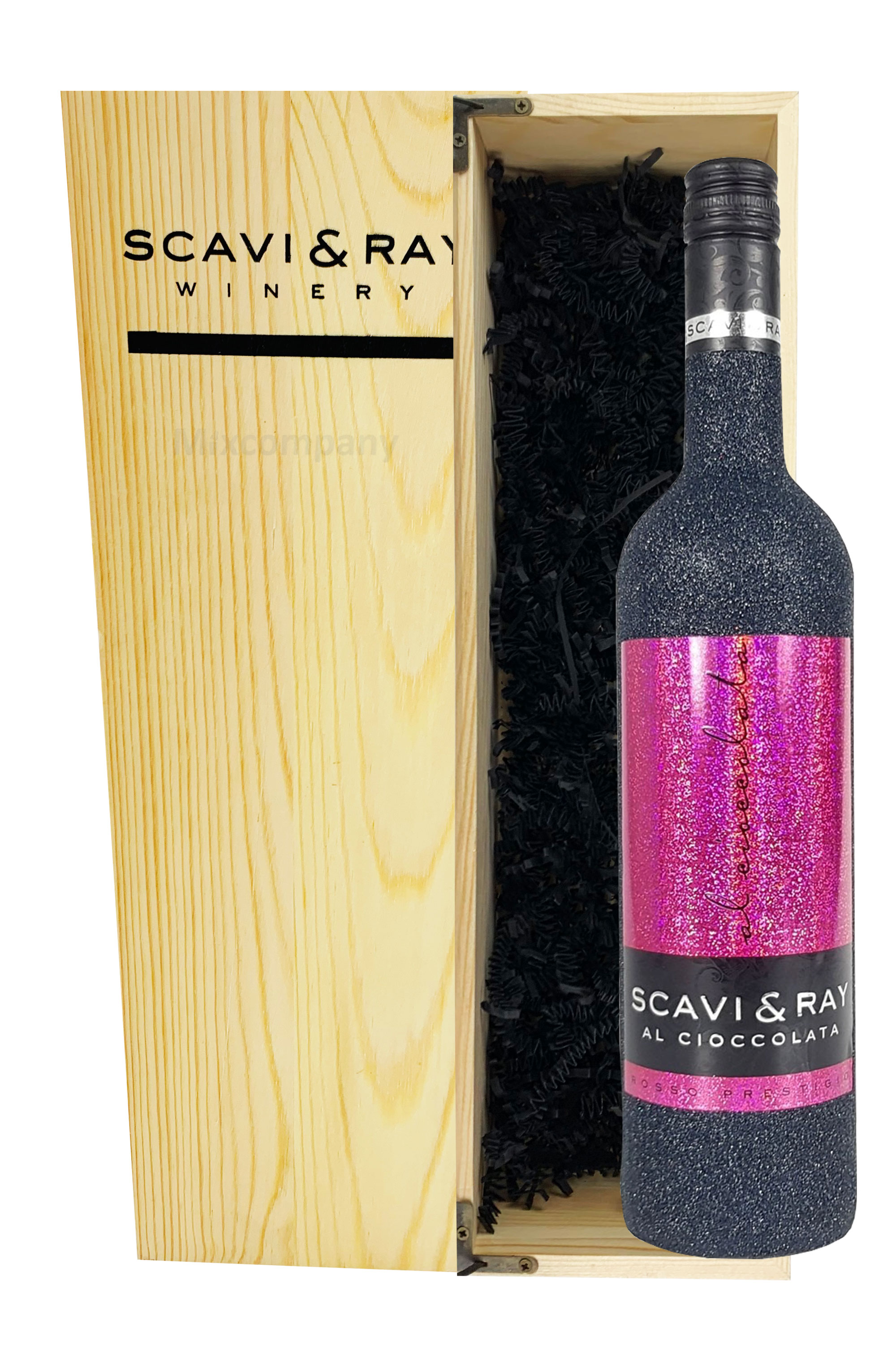 Scavi & Ray Giftbox Geschenkset - Scavi & Ray Al Cioccolata Rotwein Cuvèe 0,75l (10% Vol) Bling Bling Glitzer Glitzerflasche schwarz mit Holzkiste - [Enthält Sulfite]
