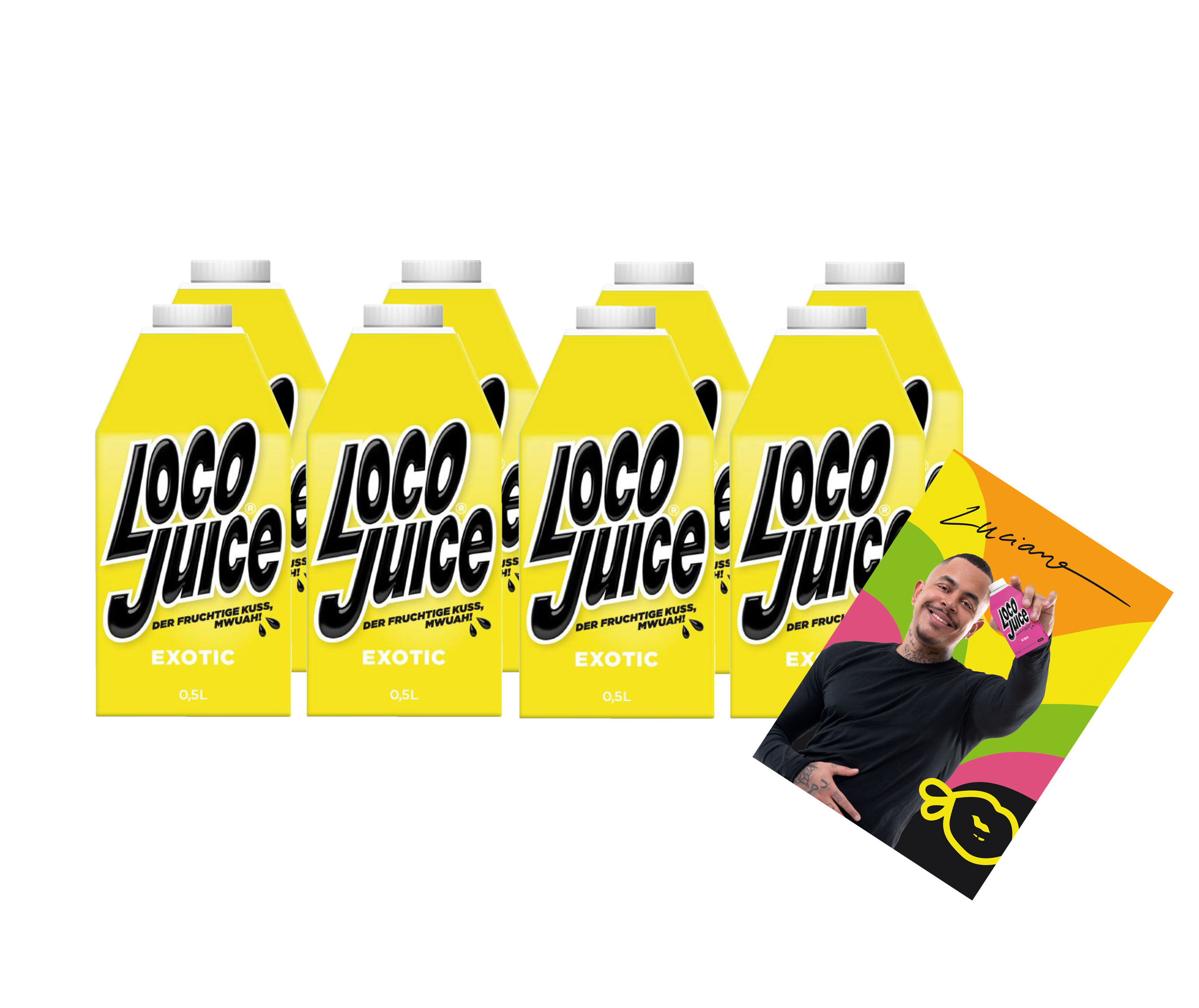 Loco Juice 8er Set Exotic 8x 0,5L von Luciano der Fruchtige Mwuah + digitalisierte Autogrammkarte