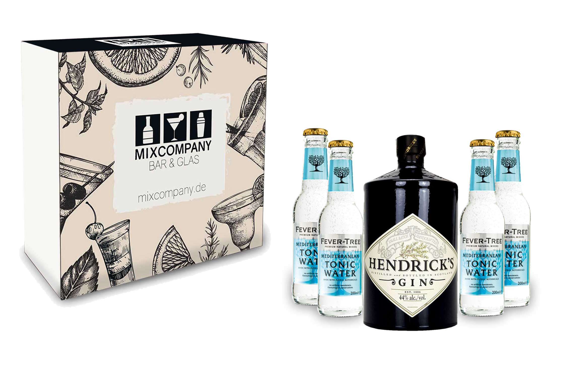 Gin Tonic Giftbox Geschenkset - Hendricks Handcrafted Gin 0,7l (44% Vol) + 4x Fever Tree Mediterranean Tonic Water 200ml inkl. Pfand MEHRWEG- [Enthält Sulfite]