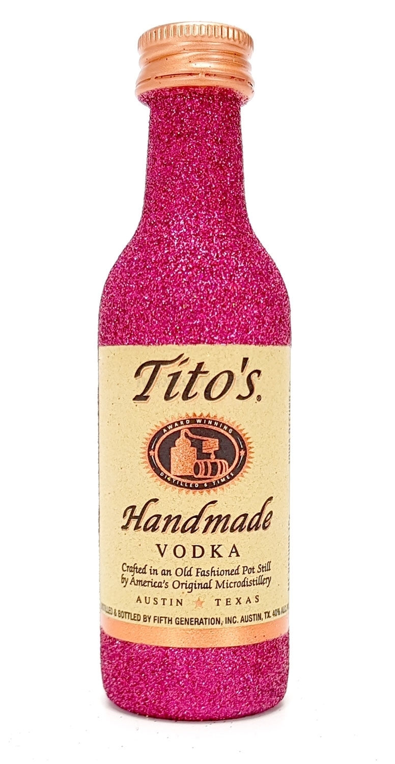 Titos Handmade Vodka Mini 50ml (40% Vol) - Bling Bling Glitzer Glitzerflasche Flaschenveredelung für besondere Anlässe - Hot Pink -[Enthält Sulfite]