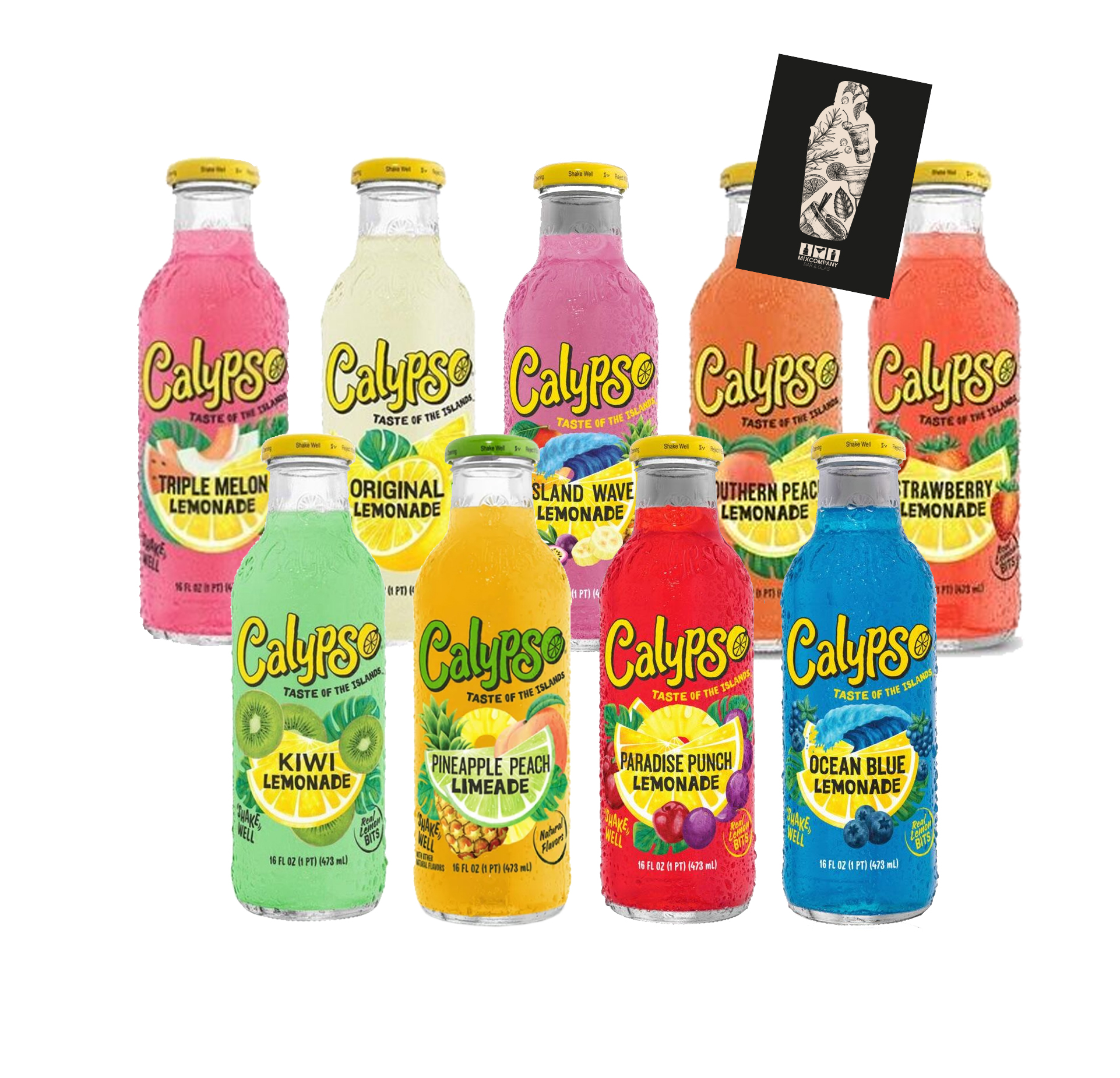 Calypso Lemonade Limeade 9er tasting - 1x pro Sorte je 473ml inkl. Pfand EINWEG Original+Ocean Blue+Southern Peach+Strawberry+Kiwi+Paradise Punch+Triple Melon+Island Wave+Pineapple Peach