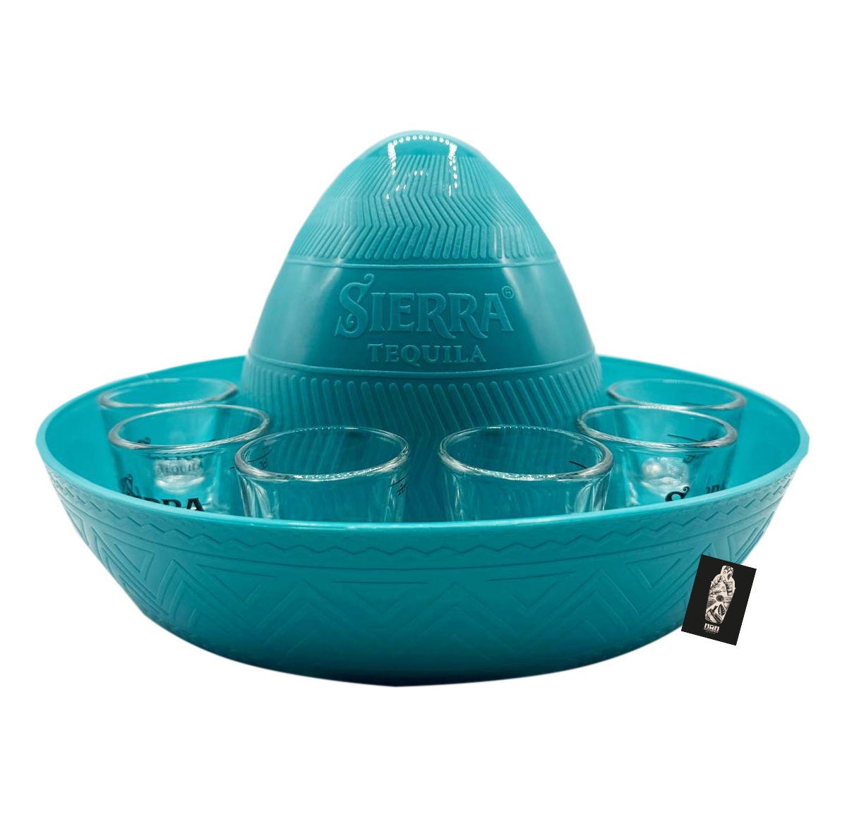 11er Shotgläser Sierra Tequila 1x Tray Sombrero Set Tablett in Hutform Türkis Pus 11 Shotgläser 2cl geeicht Durchmesser: ca. 25cm Höhe: ca. 18cm Halter mit 11 Shotgläsern 
