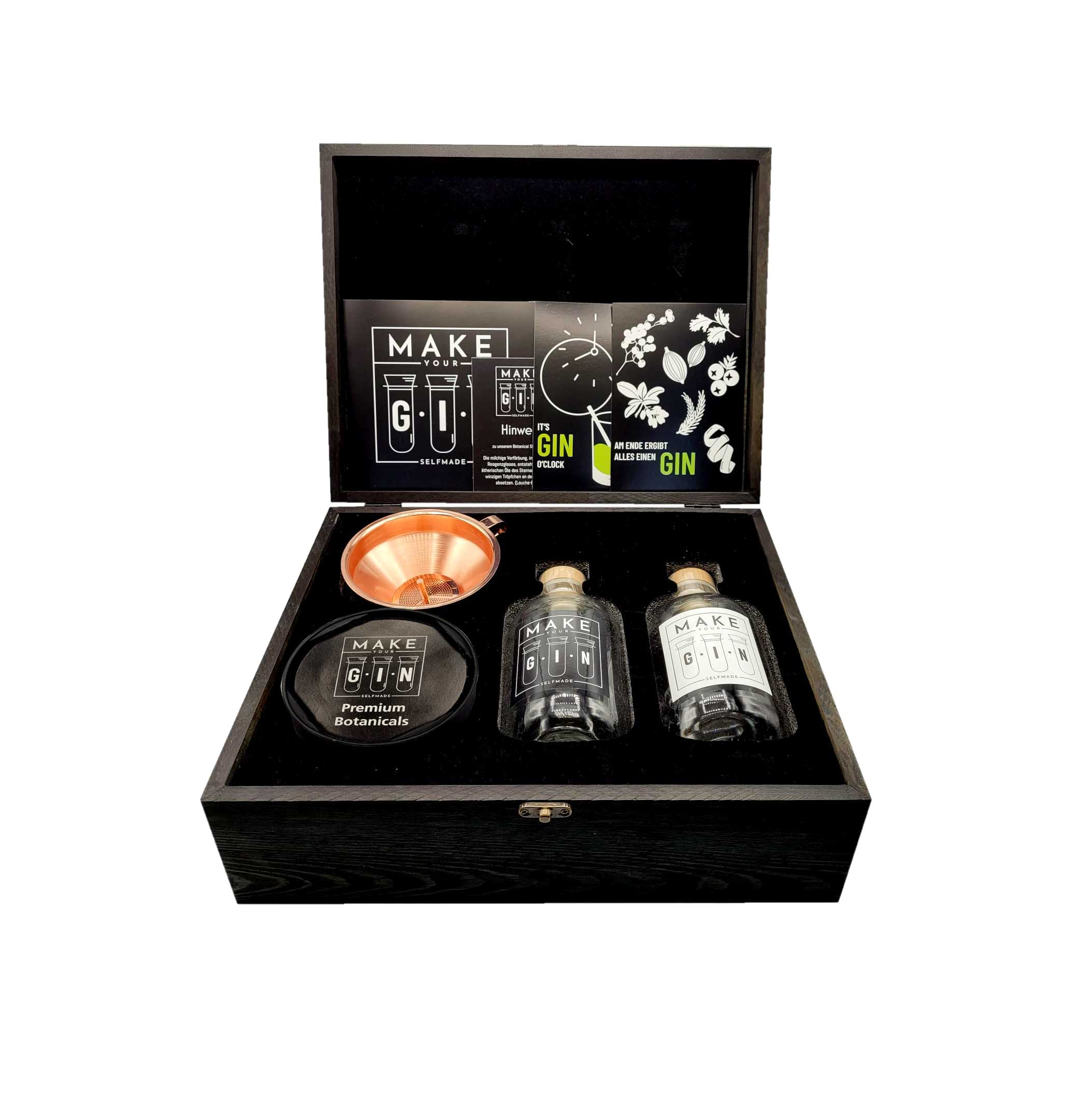 Make Your Gin Geschenkset in Holzbox - Gin zum Selbermachen - 12 Botanicals + Bar Trichter + Anleitung mit Rezept