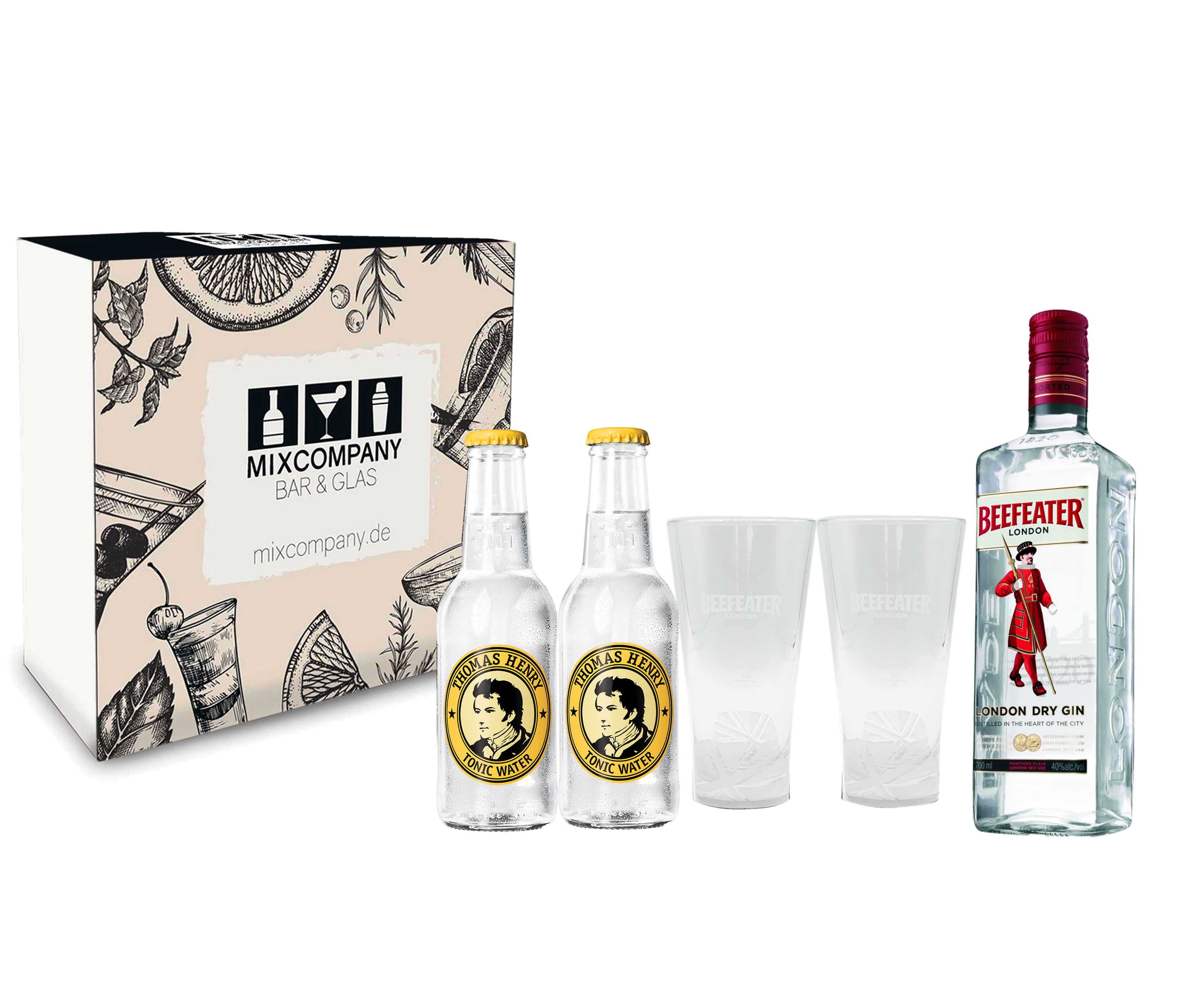 Beefeater Gin Tonic Set / Geschenkset - Beefeater London Dry Gin 0,7l 700ml (47% Vol.) + 2x Thomas Henry Tonic Water 200ml + 2x Beefeater Gläser - Inkl. Pfand MEHRWEG