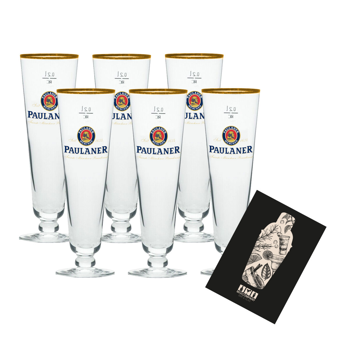 Paulaner München Premium Pils 6er Set Bierglas Glas 6x Gläser 0,2L Eichung und Goldrand