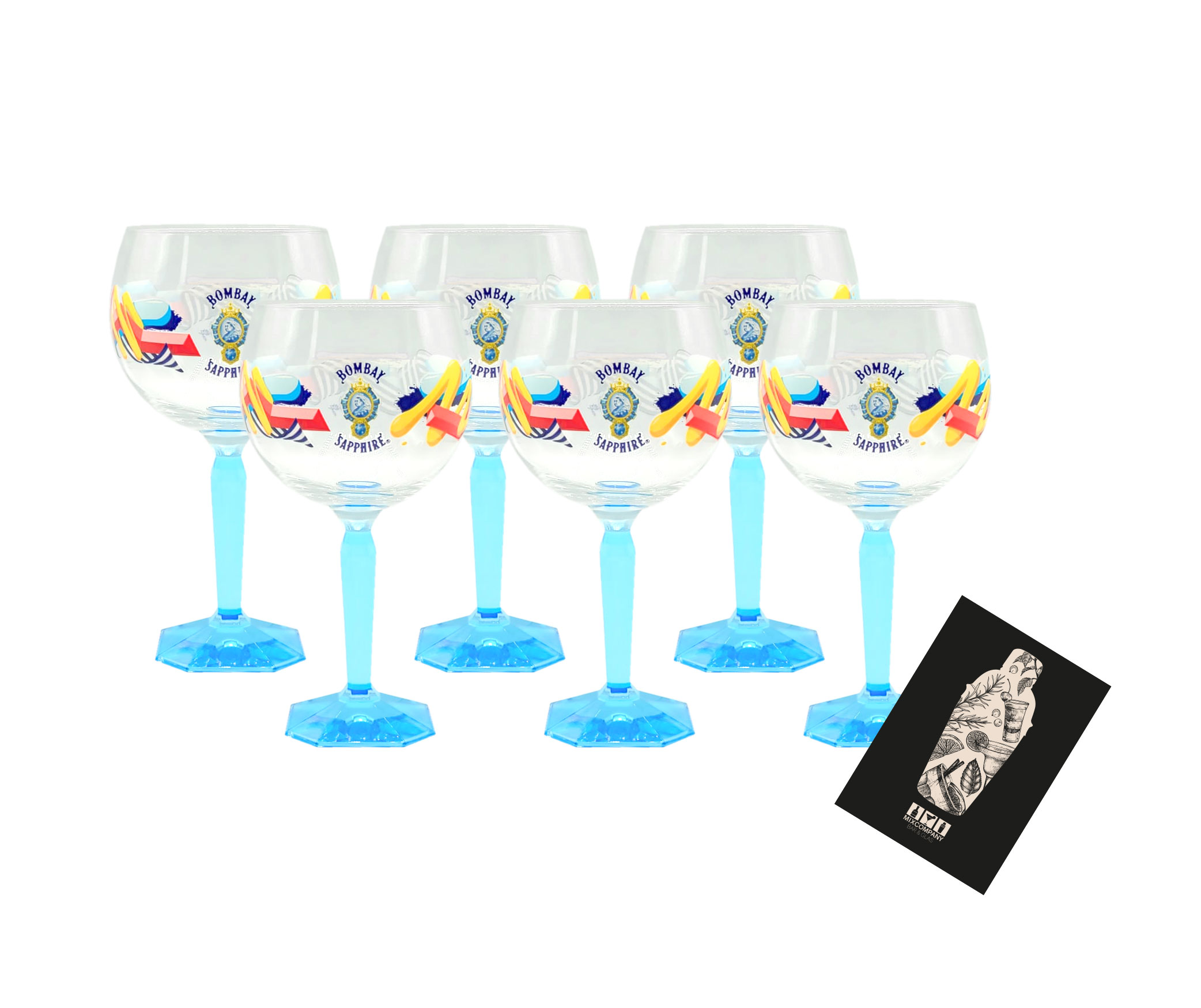Bombay Sapphire 6er Set Ballon Glas mit Muster bunt Cocktail Glas Gläser eckiger Fuß
