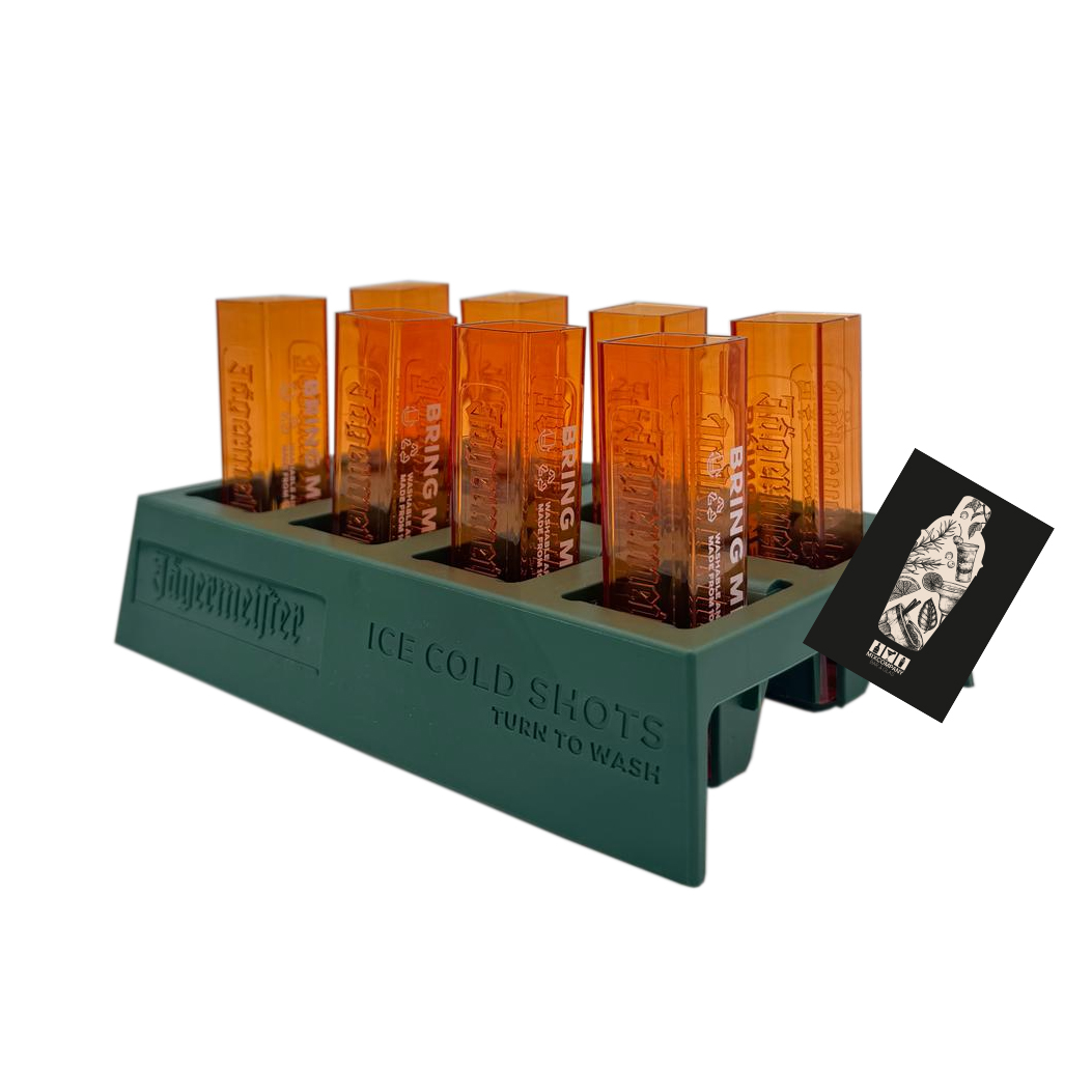 Jägermeister Shot Tray mit 6 Kunststoffgläsern – 2cl geeicht, orange