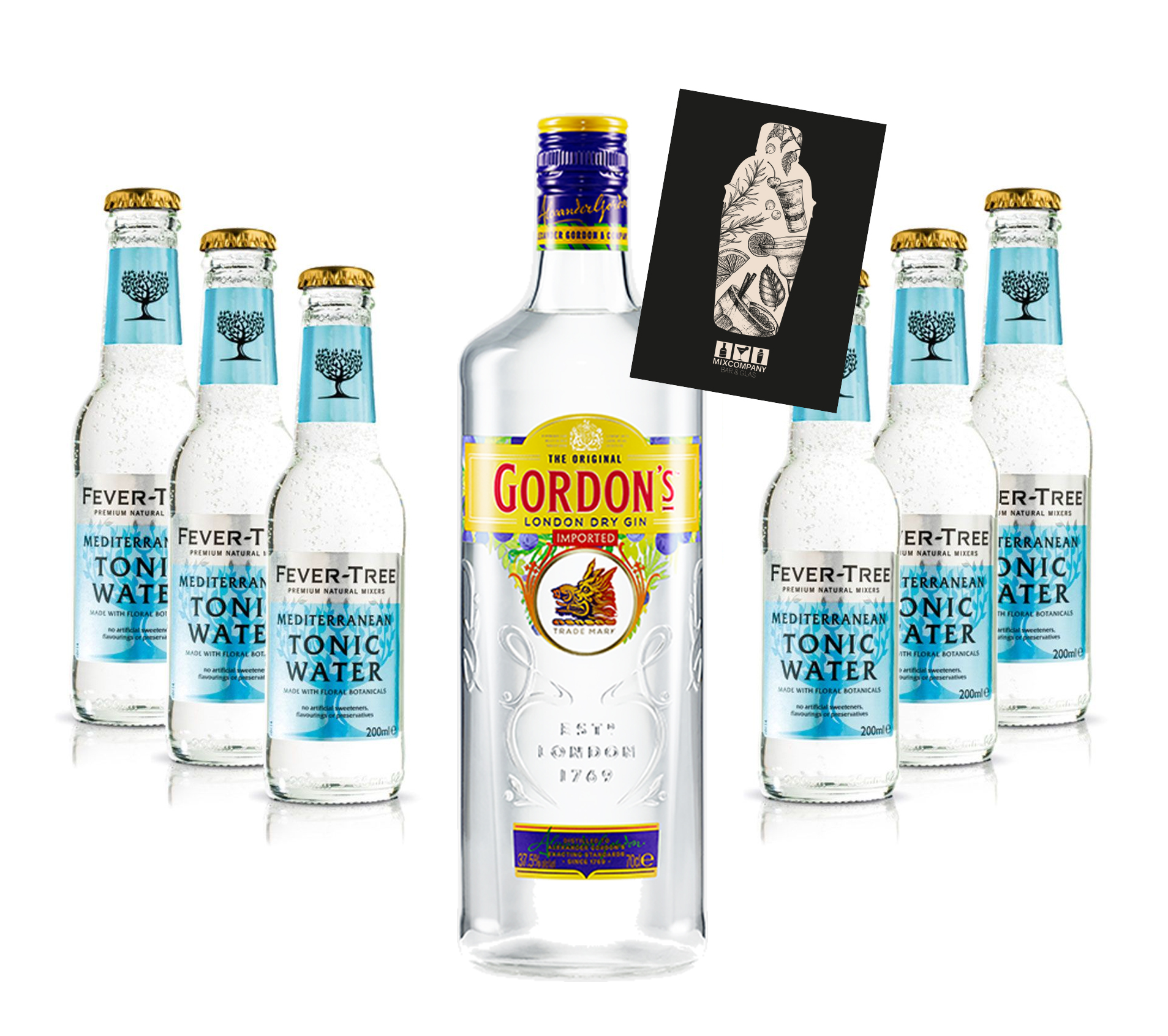 Gin Tonic Set - Gordons Gin 0,7l 700ml (37,5% Vol) + 6x Fever Tree Mediterranean Tonic Water 200ml inkl. Pfand MEHRWEG