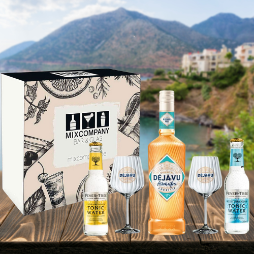 Geschenkset Deja Vu Oriental Alkoholfrei Aperitif – Unter 0,5% Vol., 0,7 l inkl. 2 Gläsern & Fever Tree Mediterranean & Indian Tonic 0,2l - [Enthält Sulfite]