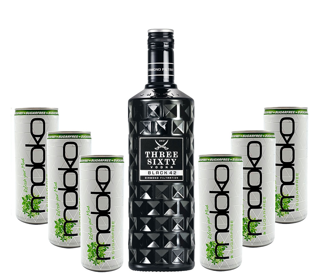 Three Sixty Black Vodka Wodka Set - Three Sixty Black Vodka 0,7L 700ml (42% Vol) + 6x Moloko Sugarfree 250ml inkl. Pfand - EINWEG- [Enthält Sulfite]